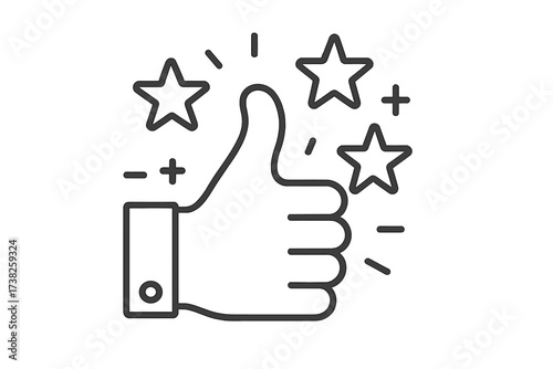 Positive feedback and customer review concept. Thumbs up with stars for rating, approval, and satisfaction. Quality certified and best choice icon. Trendy thin line vector design.