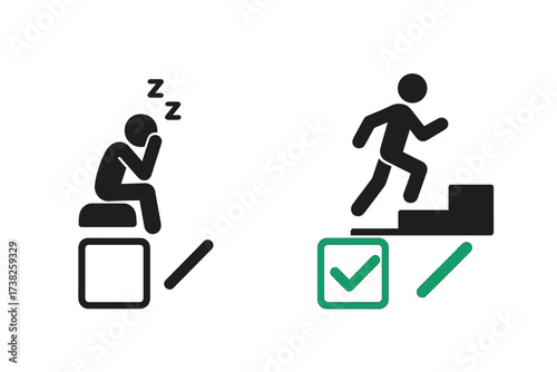 Choosing between laziness and success. Motivational vector design to fight procrastination. Active person on stairs vs tired man. Checkbox for choosing success and achievement.