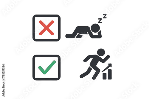 Choice between laziness and success. Fight procrastination concept. Motivational vector design with checkbox for action, discipline, and growth. Business development metaphor.
