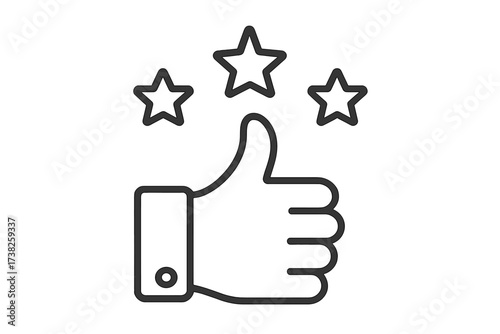 Thumbs up and stars icon for best quality rating. Customer review and satisfaction symbol. Positive feedback, approval, and success concept. Like hand gesture vector line art.