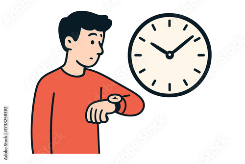 Time management concept. Man looking at his watch, checking the time. Character worried about a deadline, punctuality, and being late. Person waiting for an appointment. Schedule.