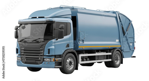 Photography Isolated blue garbage truck, refuse collection vehicle for urban waste managemen