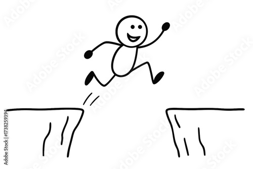 Stick figure jumping over cliff gap. Concept of overcoming challenges, taking risks, and achieving success. Metaphor for courage, opportunity, solution, and business growth.