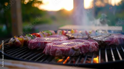 Grilling Steak and Kebabs at Sunset: Juicy steaks and colorful vegetable skewers sizzling on the grill under the warm glow of sunset outdoors.