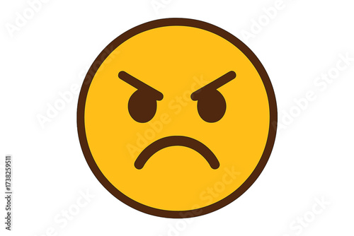 Angry face emoji. Mad emoticon. Vector illustration of a furious, annoyed character icon. Negative emotion, bad mood, frustration concept. Simple yellow smiley face symbol.