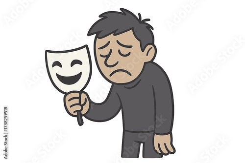 Sad man with happy mask. Metaphor for depression, hiding feelings. Mental health concept. Bipolar disorder, fake smile. Loneliness, sadness, introversion. Psychology vector.