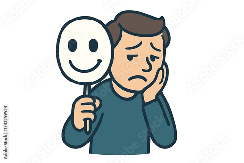 Depressed man holding happy smile mask hiding true feelings. Concept for mental health, loneliness, sadness, mood disorder, psychology, fake emotion, hypocrisy, imposter.