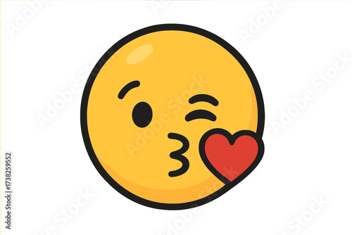 Face blowing a kiss emoji. Winking emoticon with red heart. Cute smiley sending love. Vector illustration for social media, chat. Icon of affection, romance, care, flirt.