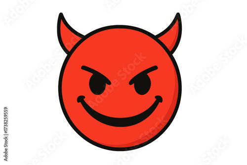Red devil face with horns. Evil smiley emoji character. Naughty diabolical demon icon. Mischievous smile. Halloween mascot. Bad emotion symbol for web design. Vector illustration.