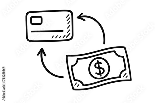 Hand-drawn doodle of money flow. Cash to credit card and back. Concept of cash withdrawal, deposit, currency exchange, payment, transaction. Financial vector icon illustration.
