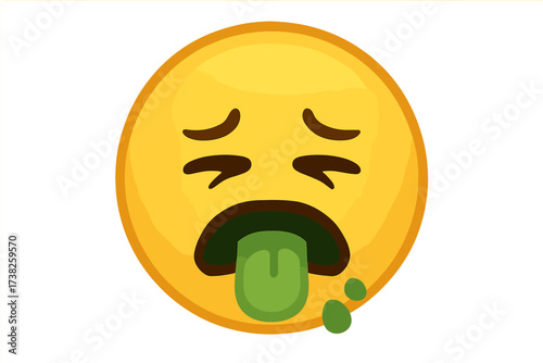 Vomiting face emoji vector icon. Disgusted, sick, nauseous expression. Unwell, ill smiley character illustration. Food poisoning, bad taste, revulsion, sickness concept.