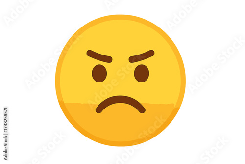 Angry emoji vector icon. Mad, sad and disapproval emoticon. Negative emotion, annoyed character symbol. Unhappy, frustrated face for bad mood reaction. Isolated cartoon.