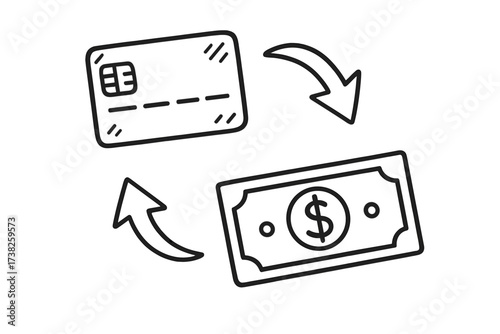 Hand-drawn money flow icon. Cash withdrawal, currency exchange concept. Vector doodle of dollar bill and bank card transaction. Financial payment method, money transfer symbol.