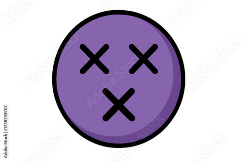 Dizzy emoticon with crossed out x-eyes. Dead face emoji icon. Purple vector illustration of a knocked out, unconscious, sick or problem symbol. Isolated graphic design element.