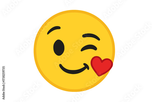Winking face emoji blowing a kiss. Flirting emoticon with heart. Cute cartoon smiley icon expressing love, affection and good mood. Vector illustration for chat or message.