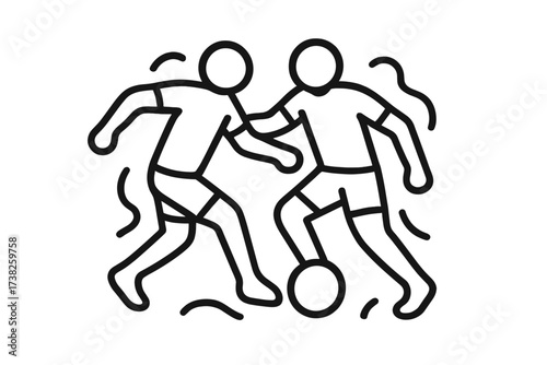 Football match action. Two soccer players fighting for the ball. Minimalist line art vector illustration. Sport competition concept. Dribble tackle duel. Simple outline icon.