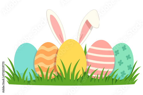 Easter eggs with bunny ears in grass vector illustration. Colorful decorated egg set with patterns for spring holiday hunt. Cute rabbit hiding. Isolated on a transparent background.