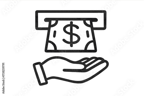 ATM cash withdrawal icon. Hand receiving money from bank machine. Financial transaction, payment concept. Dollar bill, cash out pictogram. Hand drawn doodle vector illustration.