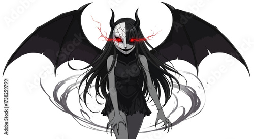 A chilling portrayal of a dark, demonic figure with glowing red eyes and wide, black wings, emanating an aura of evil and mystery