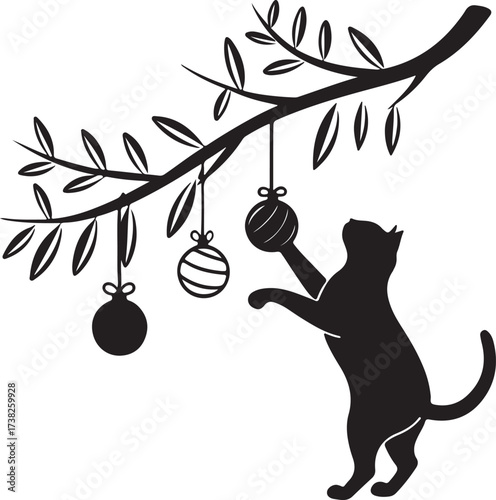 Vector silhouette of a curious cat playing with Christmas ornaments hanging from a branch