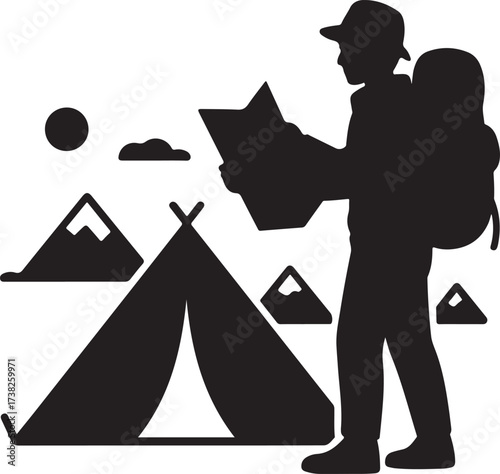 Silhouette of a hiker with a backpack and map standing next to a tent in a mountainous landscape Keywords: hiker, backpacker, camping, tent, map, mountains, sun, clouds, adventure, exploration