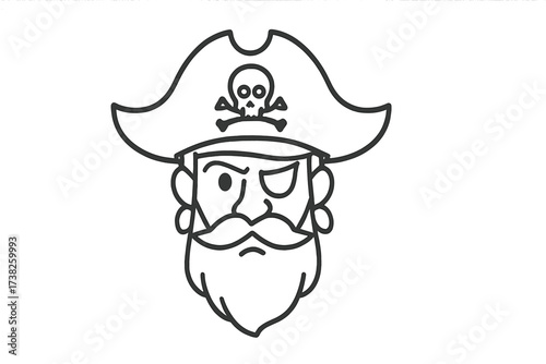 Pirate head logo vector line icon. Captain portrait with eyepatch, beard, and hat with skull. Minimalist corsair mascot symbol. Marine filibuster character illustration.