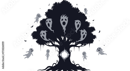 An ancient haunted tree silhouette releasing screaming ghostly spirits from a glowing portal on a white background