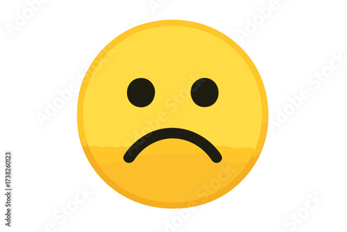 Sad emoticon vector. Unhappy yellow face emoji icon. Symbol for negative emotion, sadness, depression, disappointment. Concept for bad customer review, dissatisfaction, sorrow.