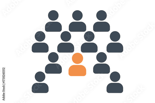 Standing out from the crowd concept with highlighted orange figure among dark icons, teamwork, leadership, individuality, uniqueness, group dynamics, vector illustration, transparent background