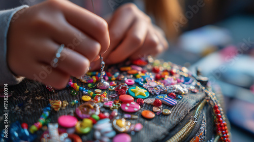 Teen decorating backpack with charms and beads.