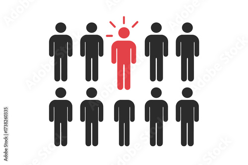 Standing out from the crowd concept, unique person symbol in red among black group, leadership idea, individuality and distinction, business success and innovation illustration, vector