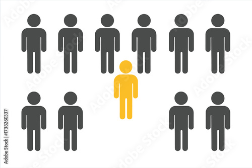 Standing out from the crowd concept with one highlighted figure among many, unique person, individuality, leadership, distinction, teamwork, human icon vector illustration, transparent background
