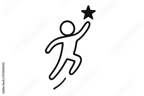 Stick figure jumping high reaching for the star, motivation concept, success, achievement, aspiration, goal setting, inspiration, minimalistic vector illustration with transparent background
