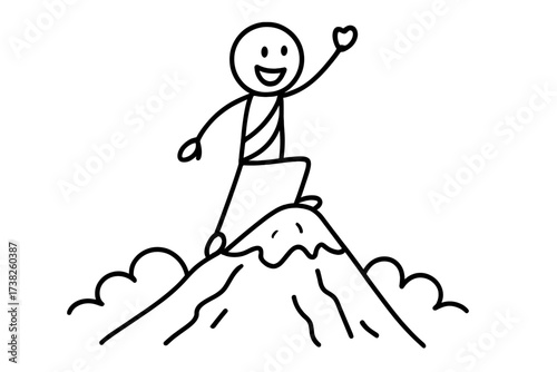 Stick man reaching mountain summit symbolizing achievement and success, doodle vector illustration of happy character conquering peak with transparent background