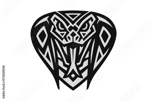 Stylized geometric tribal serpent head illustration, cobra vector icon with intricate pattern design, black and white outline, abstract venomous snake art for tattoo, emblem, or logo