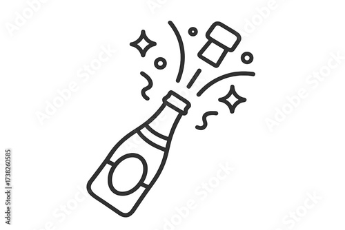 Trendy champagne bottle icon with cork bursting out, thin line vector illustration for celebration, success, achievement, holiday parties, festive events, and luxury occasions