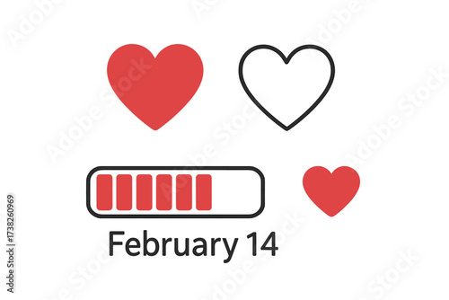 Valentine's Day love loading bar illustration with red heart shapes, romantic February 14 vector set, love symbols, digital countdown, transparent background