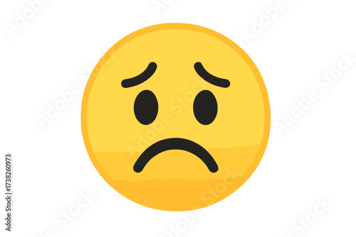 Upset emoticon vector illustration, sad emoji face with frowned mouth and worried eyes, yellow smiley icon, transparent background, digital expression symbol for emotions