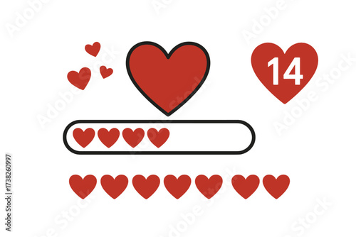 Valentine's Day Love Loading Bar Vector Illustration, Romantic Heart Shapes, February 14th Celebration, Red Hearts with Progress Meter, Transparent Background Vector Set