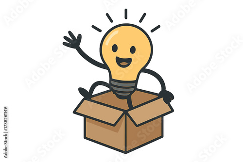 Thinking outside the box concept. Creative lightbulb character mascot escaping a cardboard box. Symbol for innovation, brilliant idea, solution, creativity, and brainstorming.