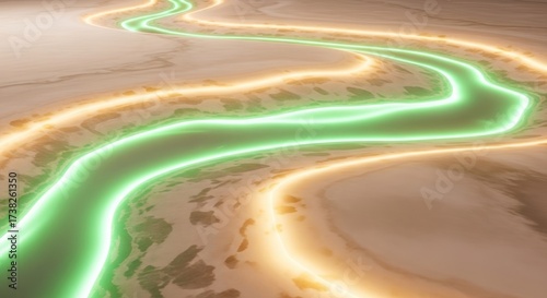Fototapeta Naklejka Na Ścianę i Meble -  A wavy, neon green river flows through a desert landscape with sand dunes and a glowing yellow light.