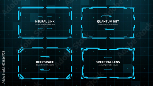 Four futuristic hud vector graphics with textual descriptions for neural link, quantum net, deep space, and spectral lens concepts.