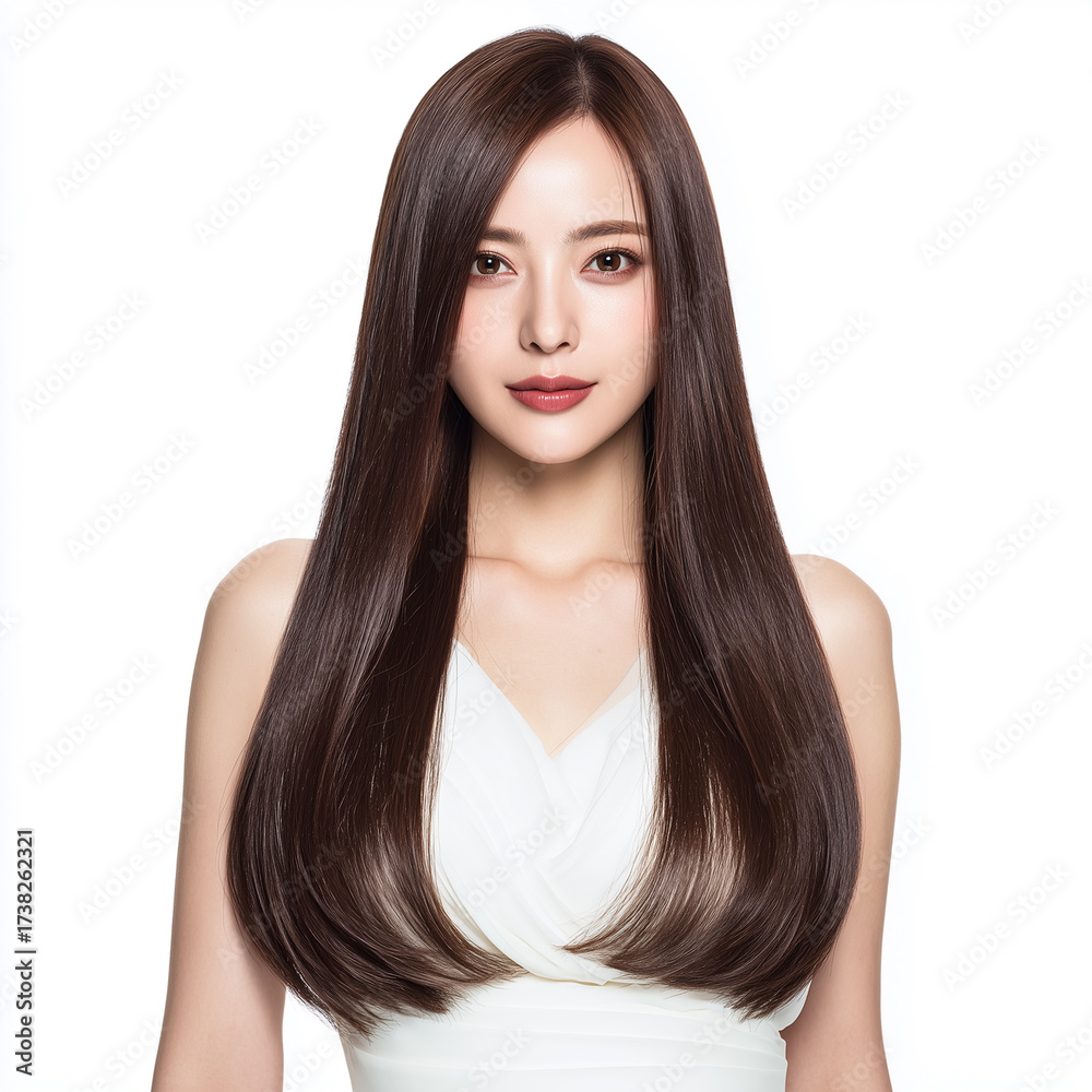 Naklejka premium Elegant Japanese woman with long straight hair in white studio portrait 