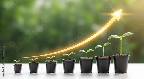 Seedlings growing in pots with a rising arrow graph symbolizing growth