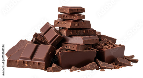Slika na platnu Isolated pile of dark chocolate chunks and shavings, sweet treat, dessert snack,