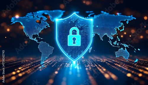 A glowing blue shield with a padlock symbolizing cybersecurity over a digital world map.