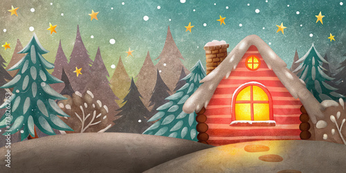Cozy holiday cabin with snow covered roof and glowing windows in winter forest under starry sky creating warm Christmas lifestyle scene