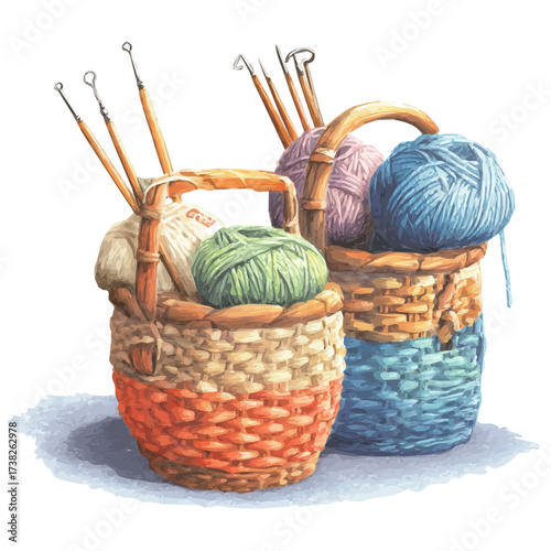 An EPS painting design, Vector illustration set, My Watercolor illustration, baskets with knitting threads and knitting painting isolated on a white background