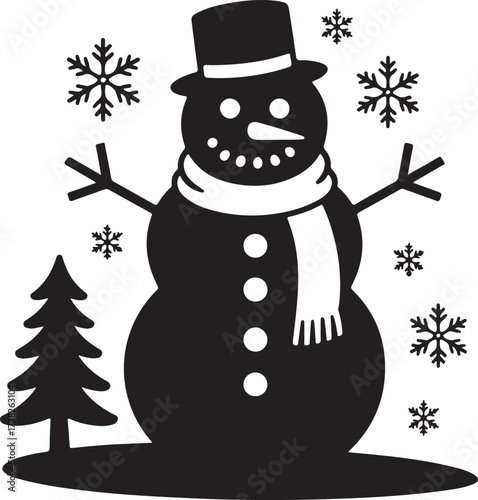 Black Silhouette of a Snowman with Tree and Snowflakes on White Background winter christmas