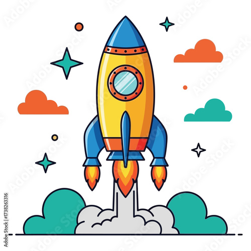 Vibrant cartoon rocket blasting off into space surrounded by colorful clouds and twinkling stars, symbolizing new beginnings and ambitious ventures.